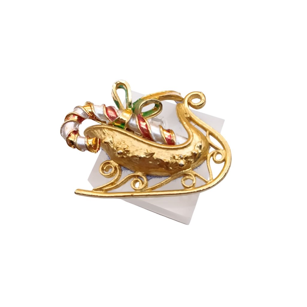 Vintage Mylu Gold-Tone Enamel Sleigh Brooch Pin Candy Cane & Bow Design Christma